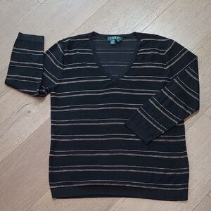Lauren Ralph Lauren Sweater Women's sz L Black/Gold Striped Silk V-neck Sweater